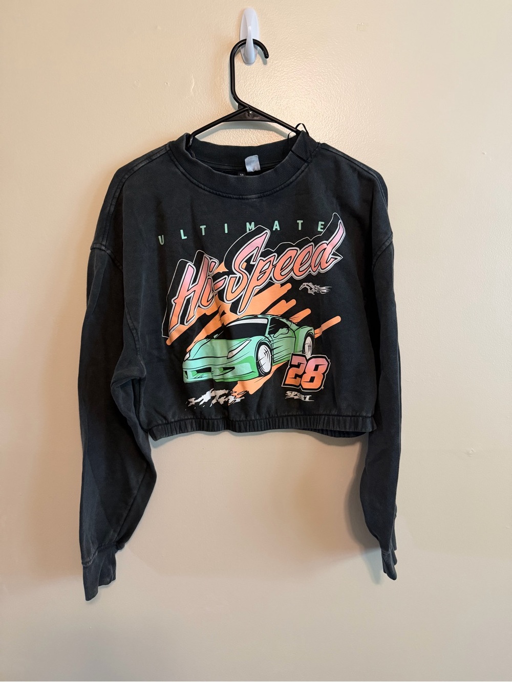 H&M Black Cropped Graphic Sweatshirt with Green and Orange Print